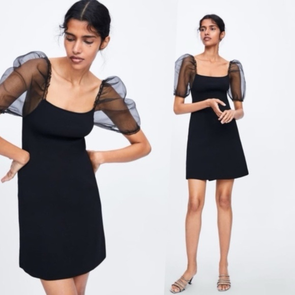 Zara Black Dress with Sheer Puff Sleeves